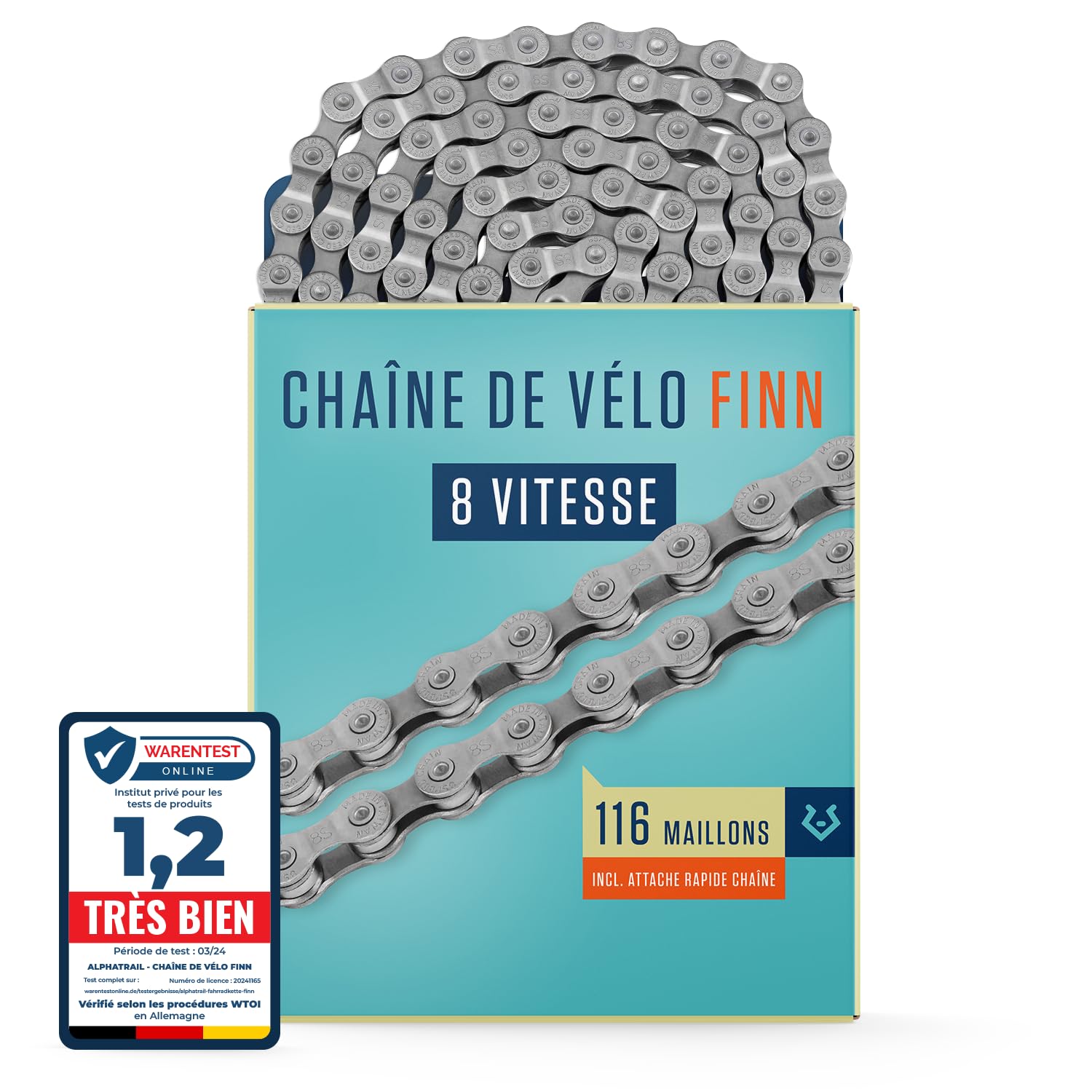 Chaîne VTT / Vélo 5-8 Vitesses 116 Maillons – Anti-Rouille Garantie 25 Ans + Attache Rapide (Compatible Shimano, SRAM, KMC)