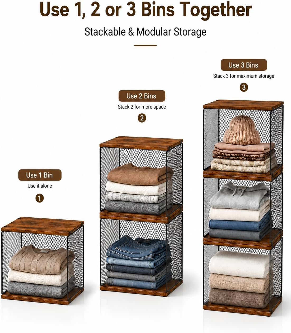 Honkazita 3-Pack Stackable Wire Closet Organizers with Wood Tops