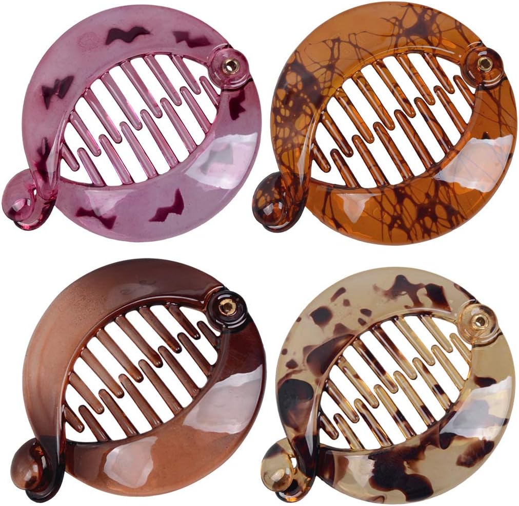 Fodattm 4 PCS French Small Banana Hair Clip Hair Comb Round Ponytail Holder Hair Claw Fashion Interlocking Banana Combs Flat Shark Hair Clincher (Style A#)