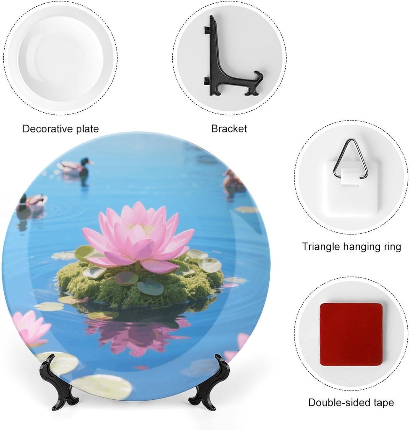 Lake Floating Ceramic Plate 10inch Decorative Bone China Wall Hanging Ornament Plates Bohemian Style Dinner Plate with Display Stand Cabinet Display Plates for Home Art Decor