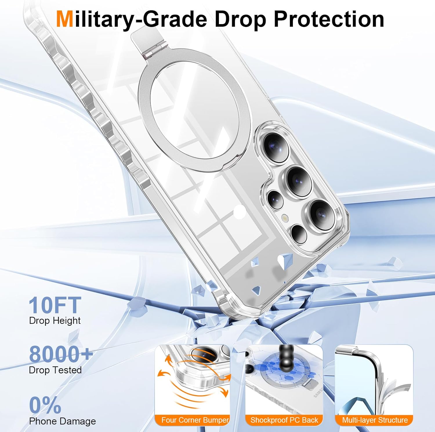 for Galaxy S25 Ultra Case, with Magnetic Ring Stand [Curly Edge] [Wireless Charging] [Reinforced Corners] Slim Fit Shockproof Protective Phone Case - Clear