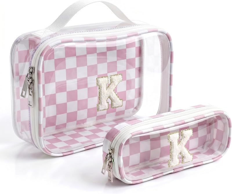 Kit de necessaires quadriculadas LETGO com janela transparente e inicial, rosa e bege, 2 unidades