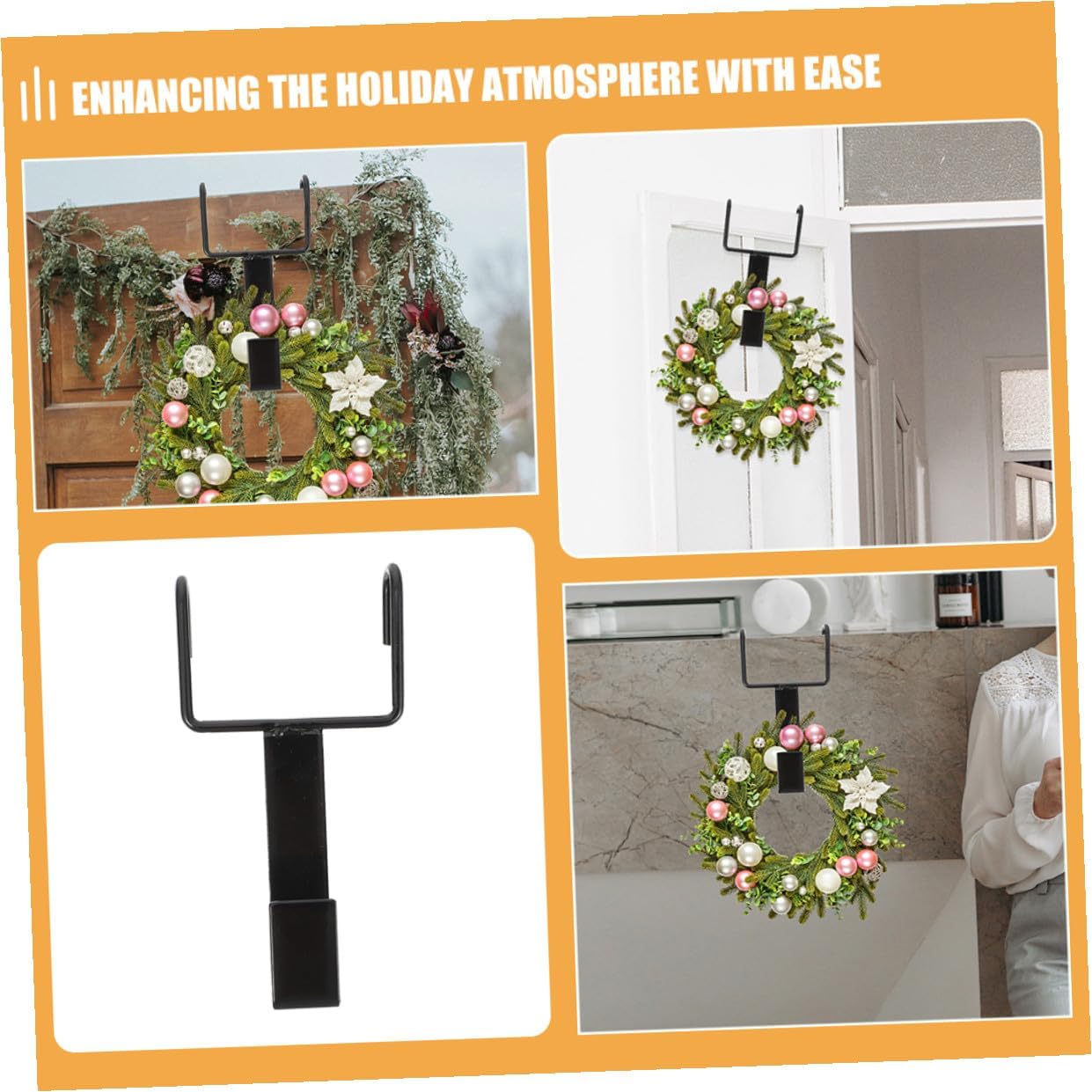 4pcs Black Wrought Iron Over Door Wreath Hangers Double Hooks for Front Door Garland Hanging Christmas and Halloween Decorations