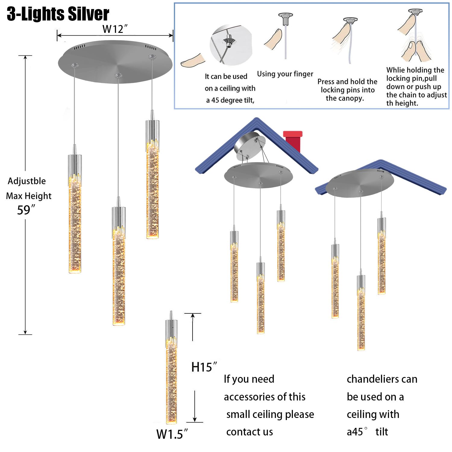 Lámpara de araña LED Mini de Cristal Moderna - Lámpara Colgante Ajustable de 3 Luces para Isla de Cocina, Comedor, Dormitorio, Regulable 2700K-6000K, Acabado Cromado