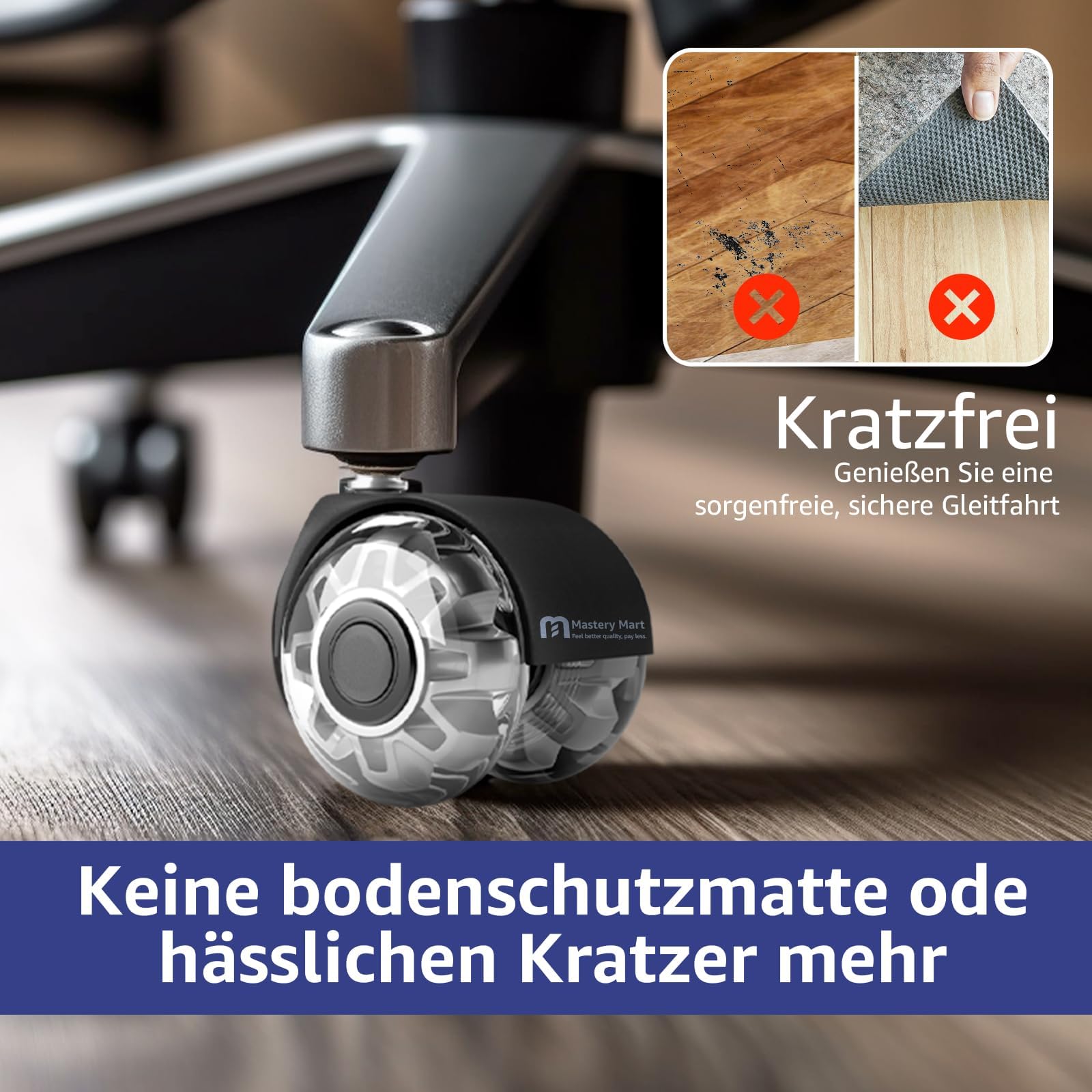 Mastery Mart Ruote per Sedia da Ufficio 11mm, Ruote in Gomma Silenziose Proteggono i Pavimenti Duri da Graffi e Danni, Mai Più Tappetini Protettivi, Set di 5 Ruote per Sedie da Ufficio (Grigio, NON