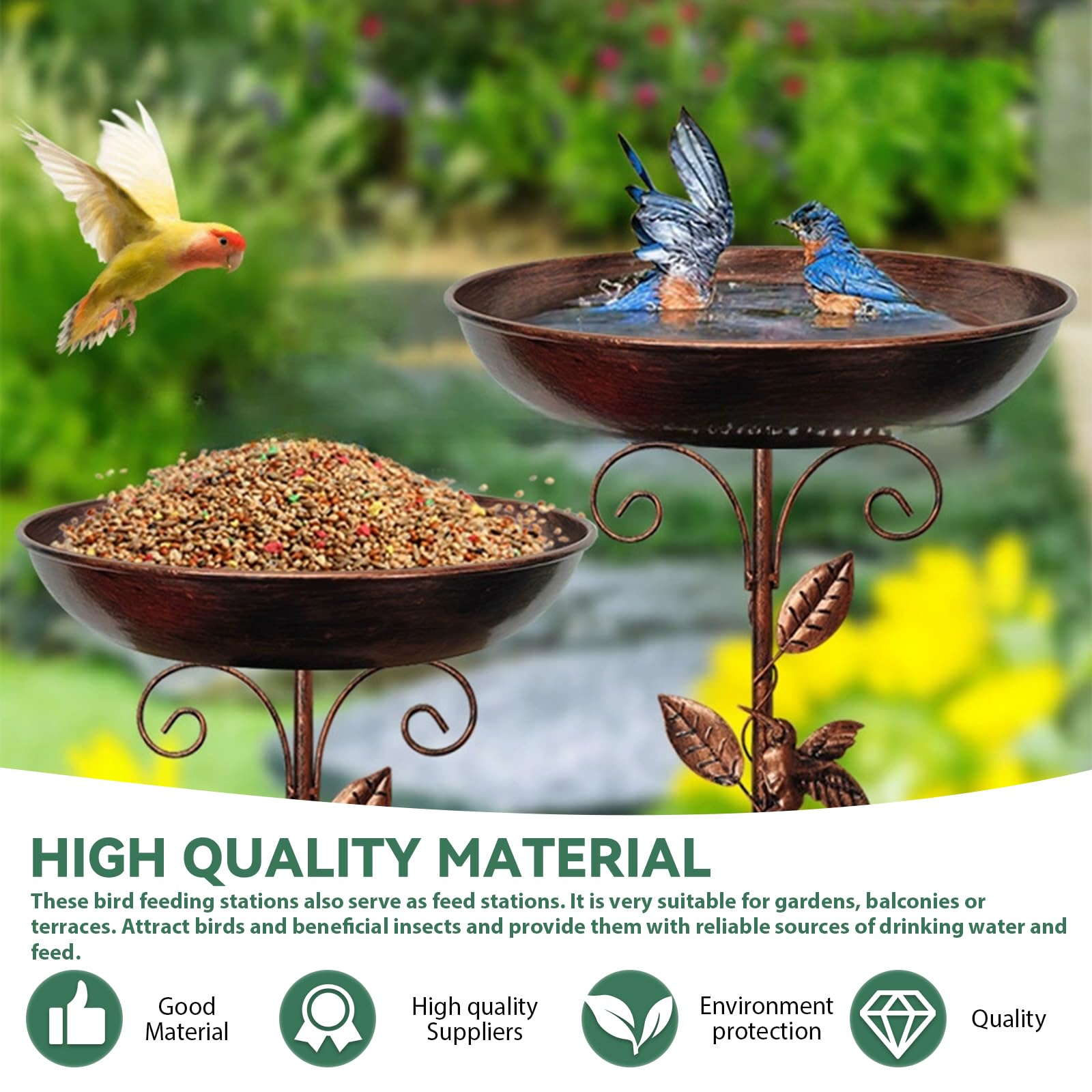 Bain d'oiseaux debout pour oiseaux - Bain d'oiseaux pour le jardin - Bain d'oiseaux avec oiseau et feuille - Base améliorée à 5 dents - En métal - Pour terrasse, cour, décoration de pelouse