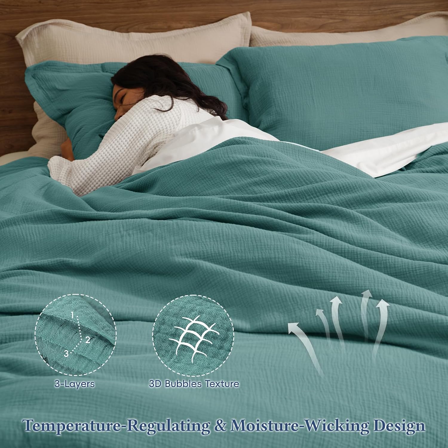 David's Home Cotton Muslin Comforter Set, King Size Ultra‑Soft Breathable Summer Bedding, 3Pcs Lightweight 100% Cotton Cover with Polyester Fill, 1 Linen‑Like Comforter & 2 Pillow Shams, Teal image 4