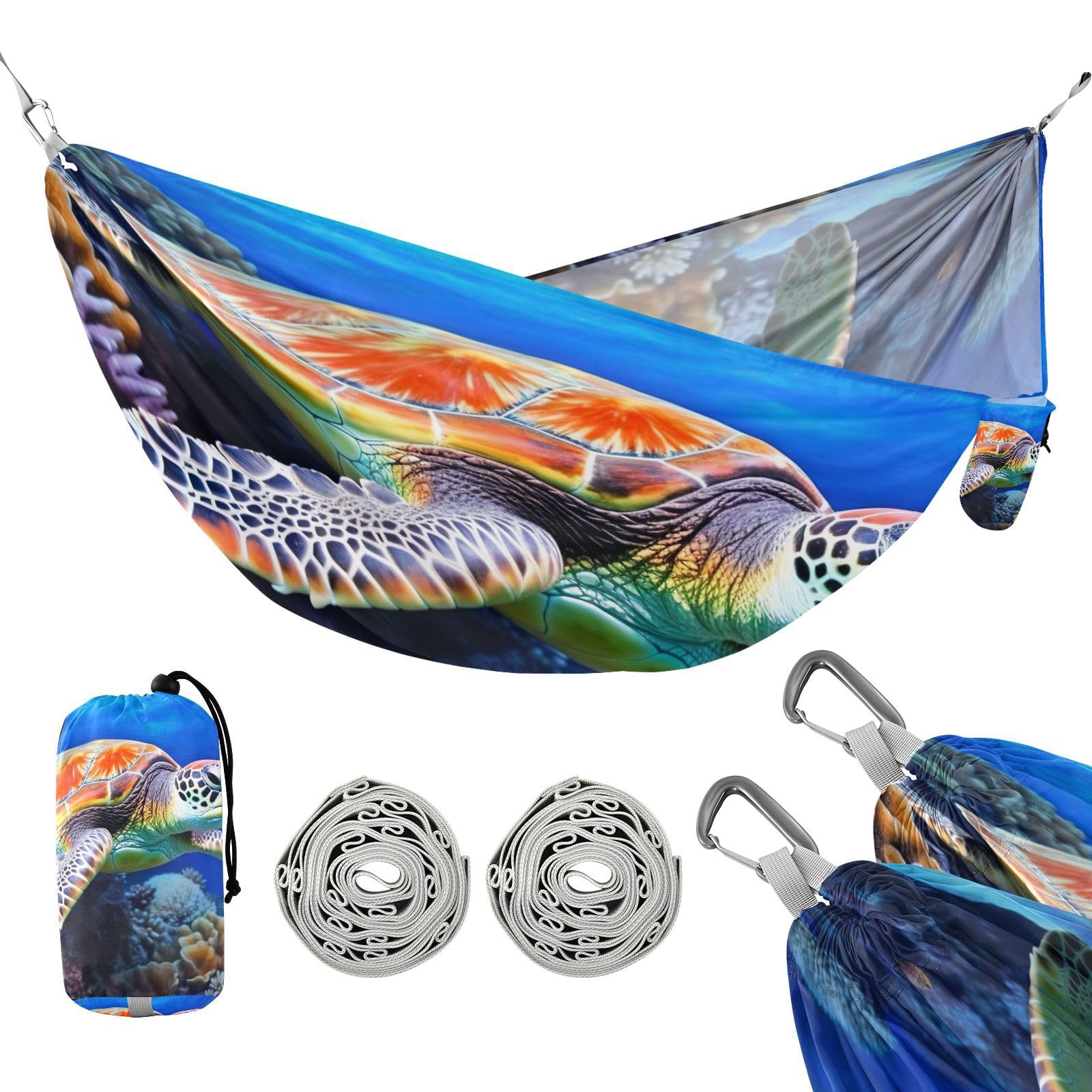 Haskirky Sea Turtle Camping Hammock, Single Portable Hammocks with Tree Straps & Attached Carry Bag, 330Lbs Capacity Perfect for Outside Indoor Hiking Beach Backpack Travel
