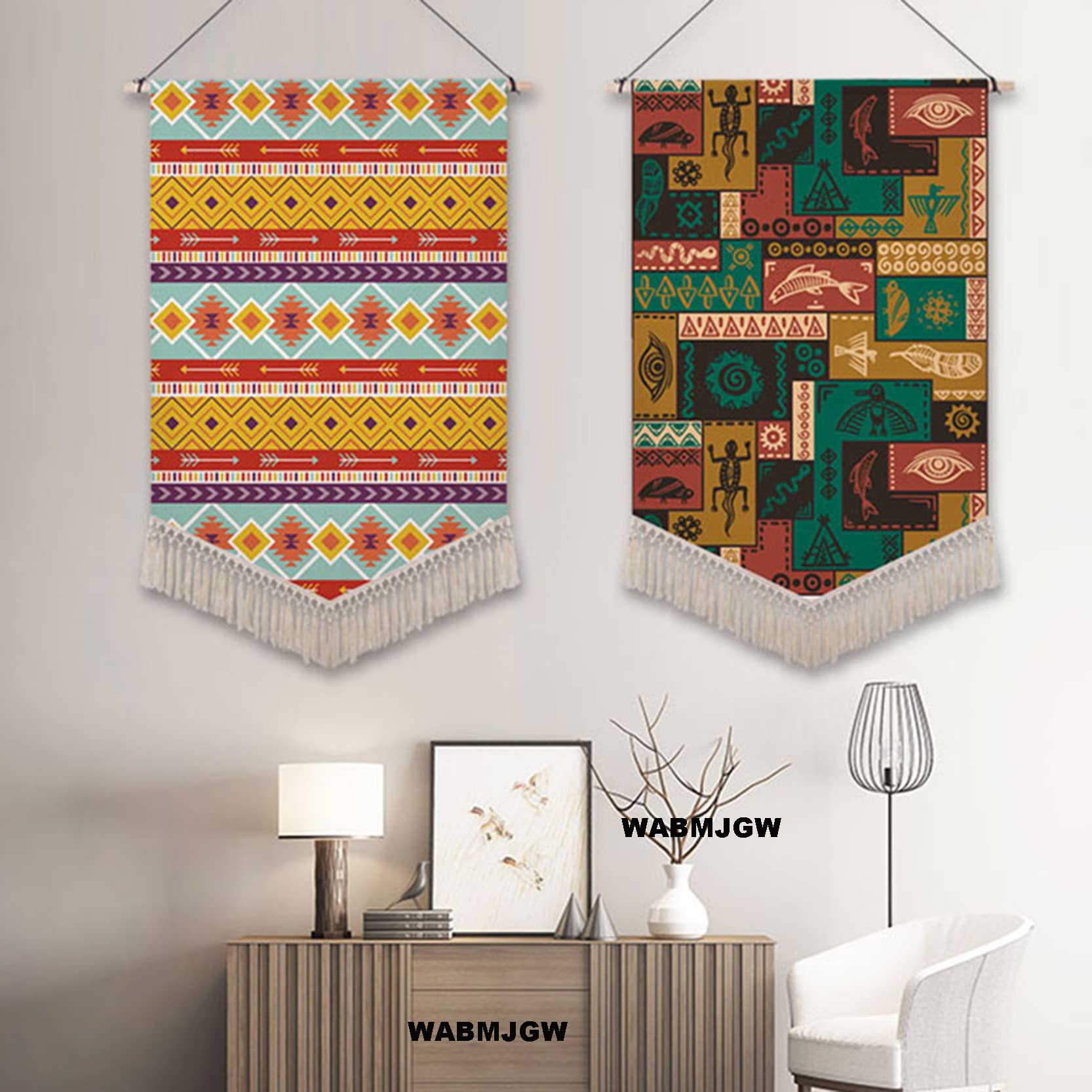Tapiz de Macramé para Colgar en la Pared con borlas,Tapices geométricos de macramé de Lino de algodón Duradero,Salud Impreso Bandera Pared Arte Decoración Jardín Oficina,D-45x65cm