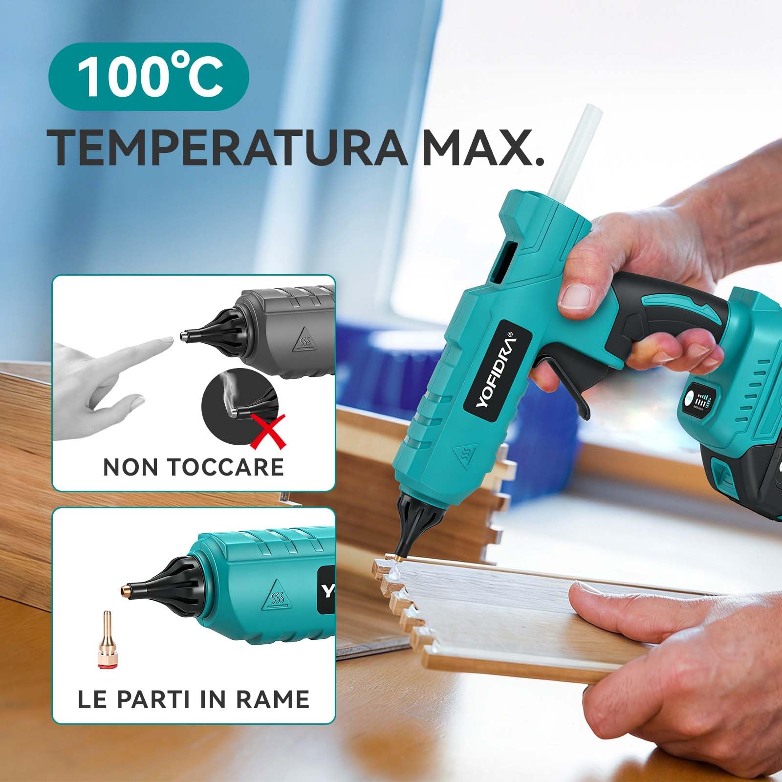Yofidra Pistola a Colla Calda 100W Senza Fili - Pistola a Colla Calda con 10 Colla Stick (11mm), 2 Batterie 2.0Ah e Caricabatterie, Riscaldamento Rapido, Ideale per DIY, Riparazioni e Lavori Manuali