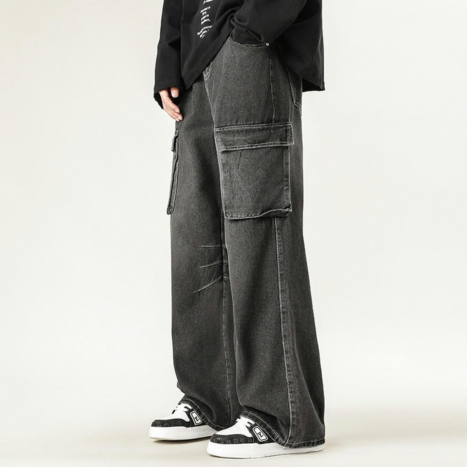 Jeans Uomo Estate Gamba Larga Salopette Larga High Street Multi-Tasche Casual Pantaloni Funzionali - Nero Grigio - M