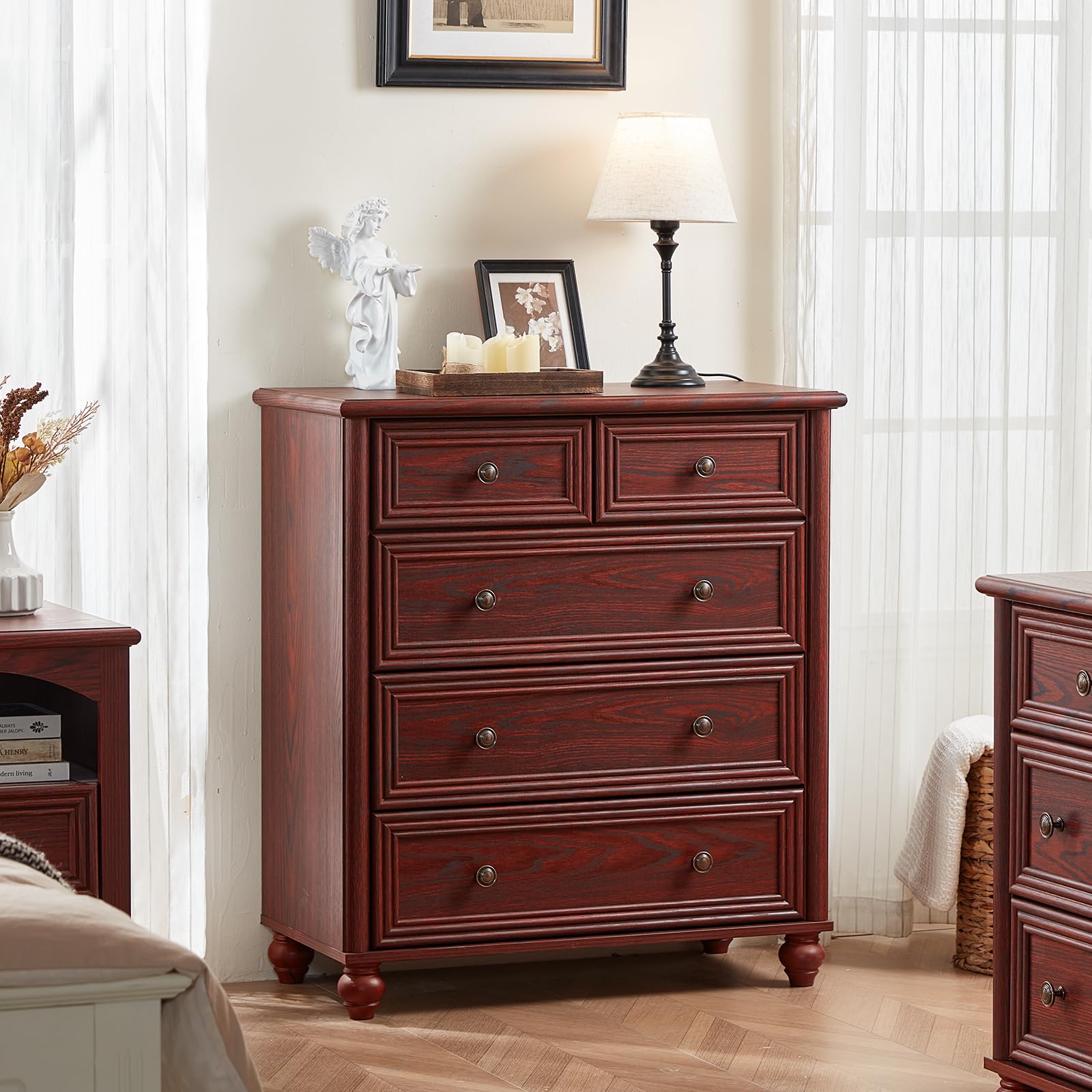 Amazon.com: RWYHG Farmhouse 5 Drawer Dresser for Bedroom, 35.5" Tall Small Dressers & Chest of Drawers, Rustic Wood Dresser with Roman Column, Storage Organizer for Living Room, Hallway, Closet (Red Oak) : Amazon.com: RWYHG Farmhouse 5 Drawer Dresser for Bedroom, 35.5" Tall Small Dressers & Chest of Drawers, Rustic Wood Dresser with Roman Column, Storage Organizer for Living Room, Hallway, Closet (Red Oak) :