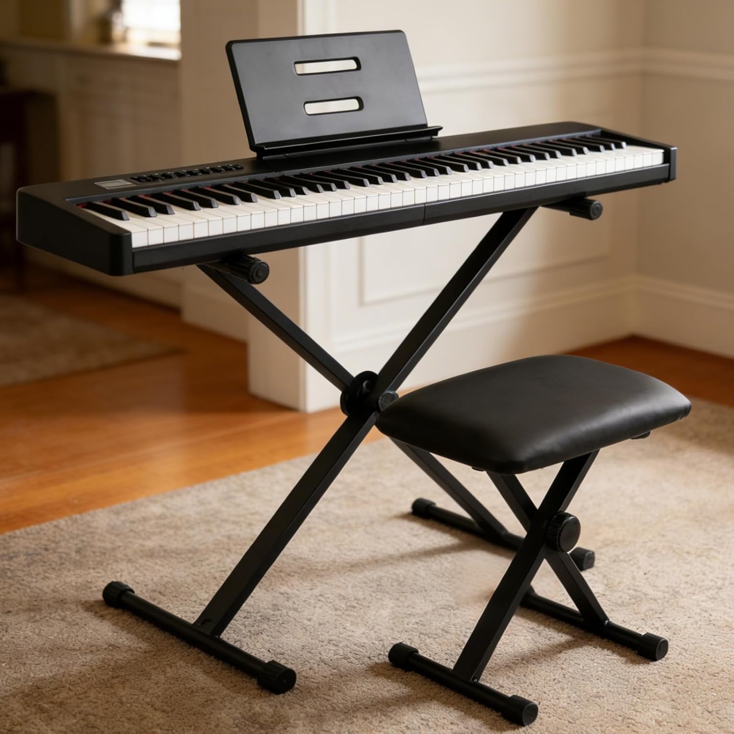 Keyboard Bench X-Style Cushion Padded,Piano Bench Adjustable Collapsible Stool Chair Seat,Flame Retardant Cotton,Non-Skid Design (15.75 inch*11.81 inch*1.96 inch)