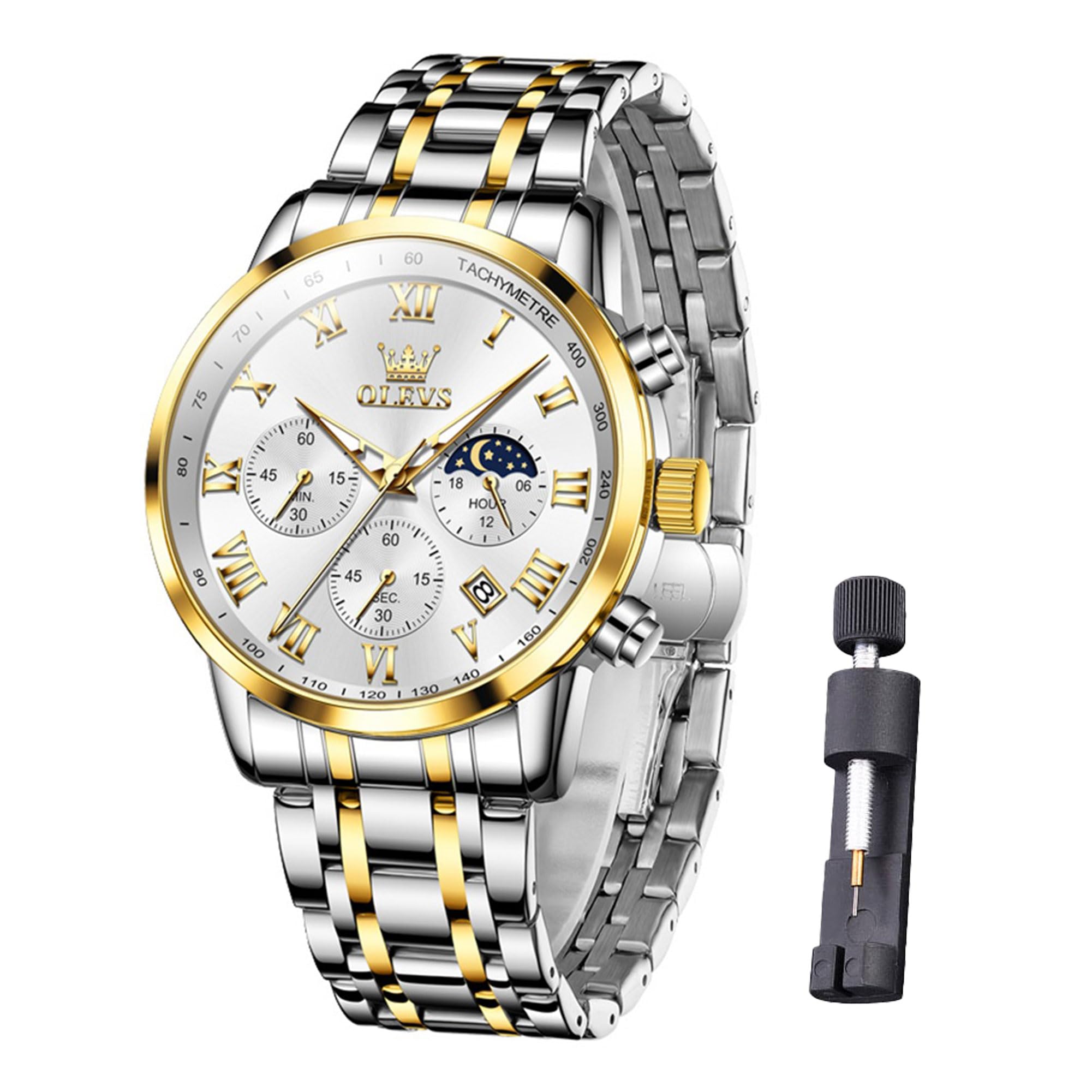Raitown Orologio Uomo Cronografo e Fase Lunare in Acciaio Inossidabile | Orologio analogico al quarzo, impermeabile fino a 3 ATM, dal design elegante e classico, disponibile in bianco, nero e blu