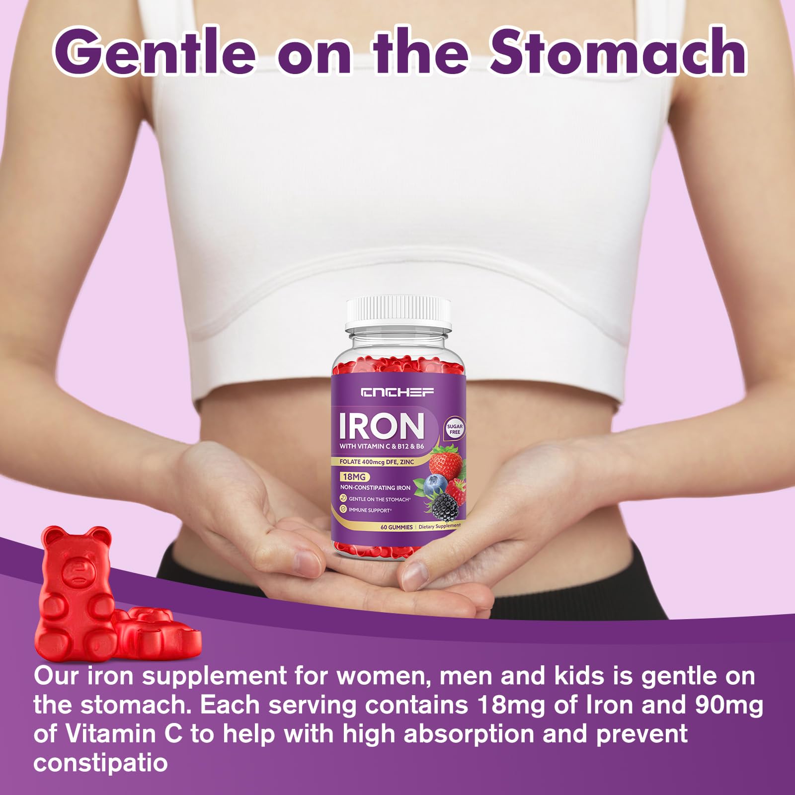 Iron Supplement for Women & Men Gummies, Multivitamin Blood Builder Iron Supplement with Folate Vitamin C B12 B6 Zinc for Adults & Kids - Energy Support - Mixed Berry Flavor, Vegan 60 Gummies — Amazon image 4