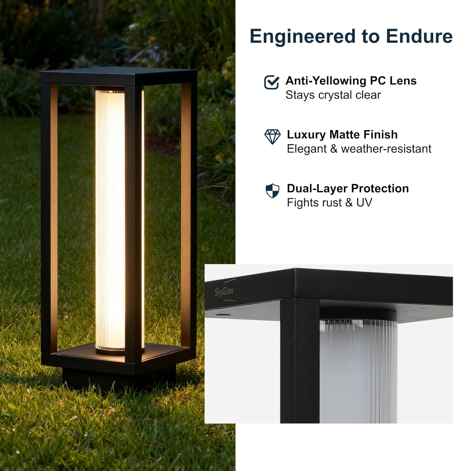 SkyGlow 15" Pathway, Column, and Garden 3-in-1 Light, 120V Aluminum Outdoor IP65 Waterproof LED 3000K Modern Landscape Path Lights Hardwired for Patio, Yard, or Driveway Post Cap Lantern