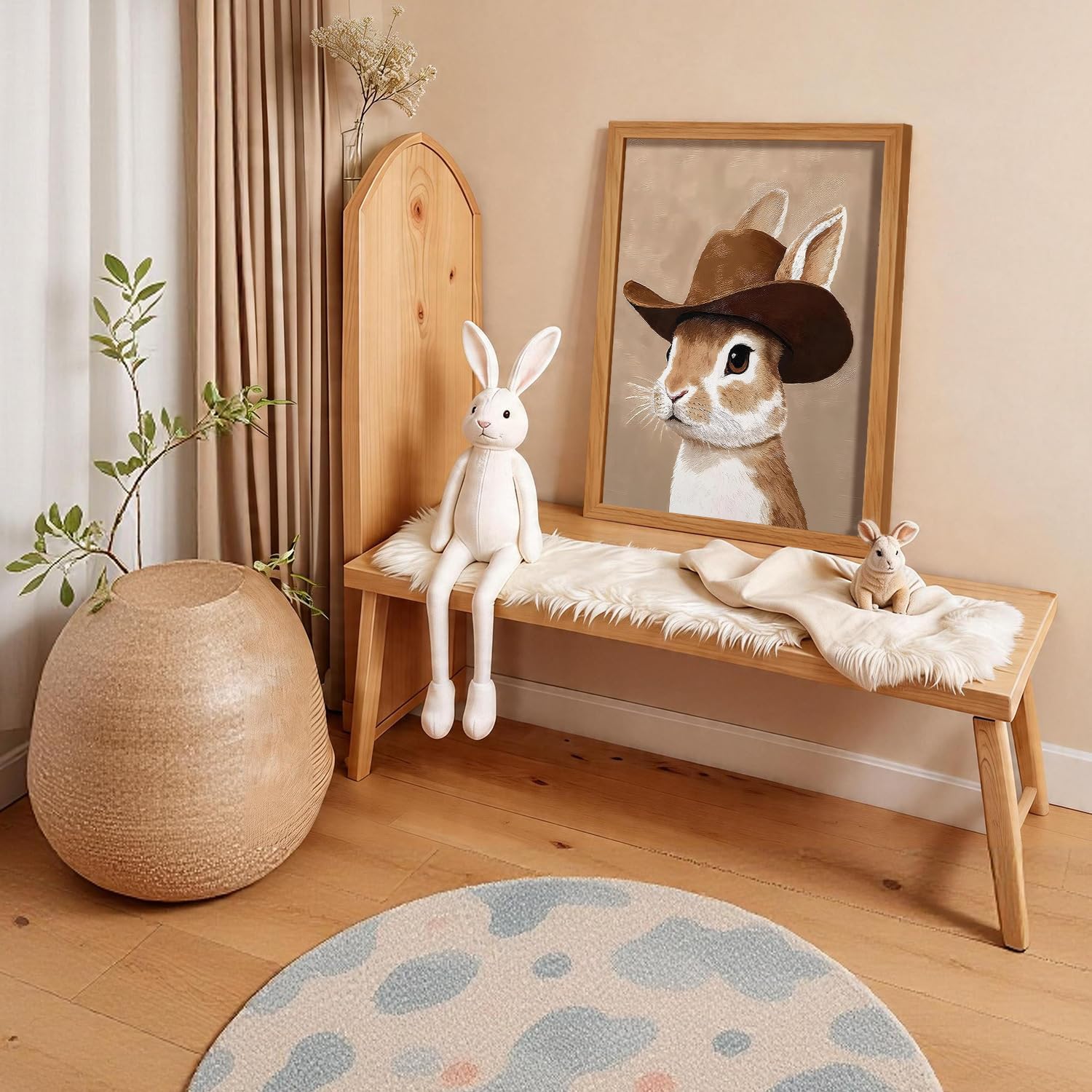 RZIGERNO Cowboy Bunny Wall Art Western Rabbit Canvas Painting Funny Animal Framed Wood Wall Decor for Living Room Bedroom Nursery Office 12x16 Inches