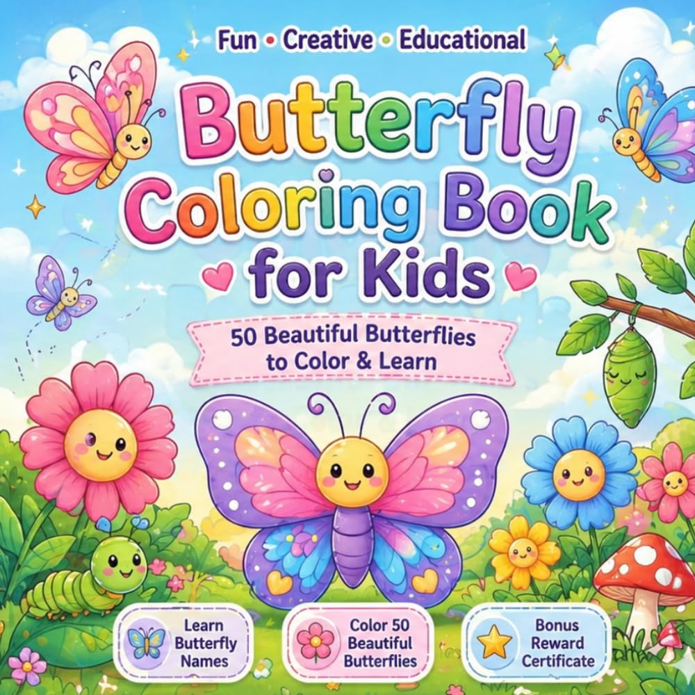 Butterfly Coloring Book for Kids Ages 4–8| 50 Beautiful Butterflies to Color & Learn | Easy Bold Designs with Flower Backgrounds: Educational ... Discover the Beautiful World of Butterflies