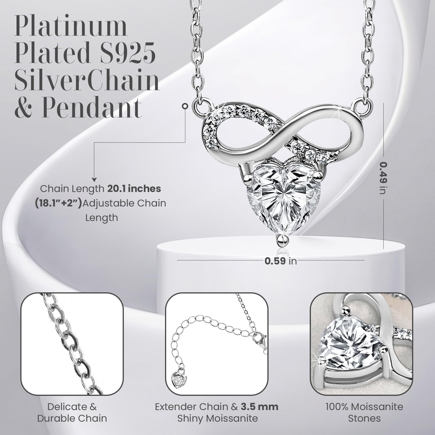 Valentines Day Moissanite Pendant Necklace for Women – 925 Sterling Silver Necklace for Women Heart Infinity Pendant, Dainty Silver Jewelry Gift Box for Mom Wife Girlfriend – Birthday Anniversary - Image 5