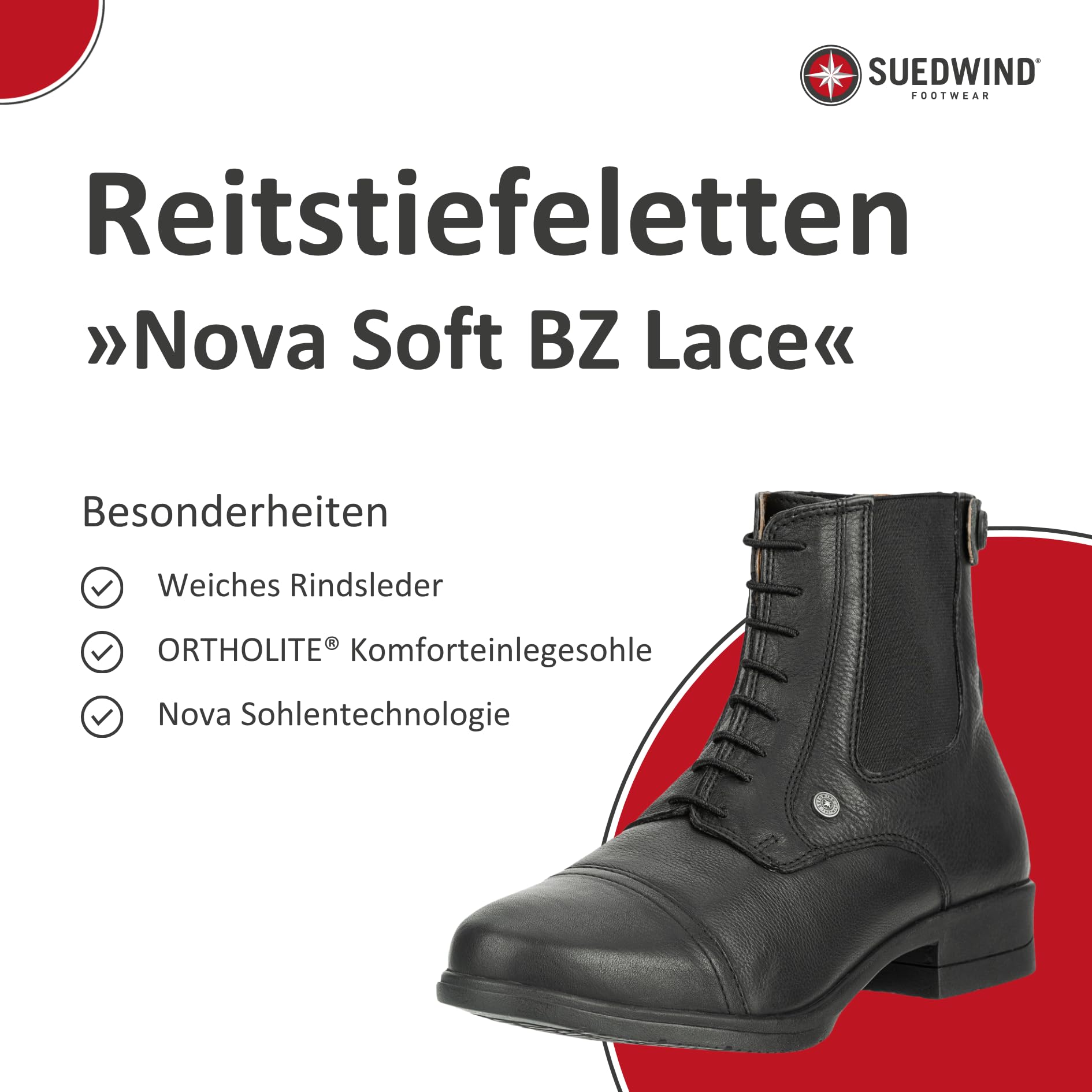 SUEDWIND FOOTWEAR Reitstiefeletten Nova Soft BZ Lace - Rindsleder Reitschuhe – Unisex Paddock Stiefeletten m. Schnürung, Mesh-Lining, Nova-Gummisohle & Reißverschluss hinten – schwarz – 25-46