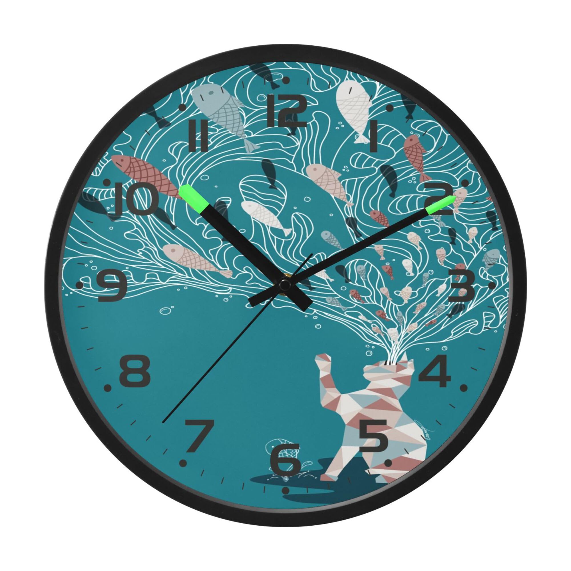 ALAZA Moderno reloj de pared digital redondo de 12 pulgadas, ilustración de gato y pez, silencioso, decorativo, LED, funciona con pilas, para cocina, sala de estar, oficina