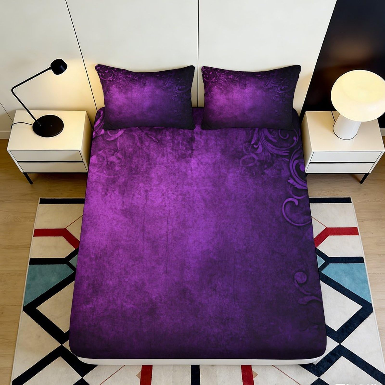 3D Printed Purple Floral Fitted Sheet Microfiber Soft Durable Elegant Swirl Bed Cover for Bedroom Dormitory Guest Room Mattress Protection 160x200x25cm