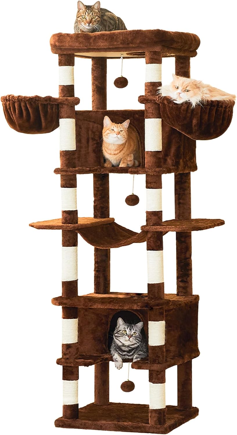 MWPO Large Cat Tree, 67.7-Inch Tall Cat Tower for Indoor Cats with 2 Large Condos, Multi-Level Cat Stand for Large Cat with 3 Hammocks, Wide Perch, Scratching Posts, Dangling Toys, Brown