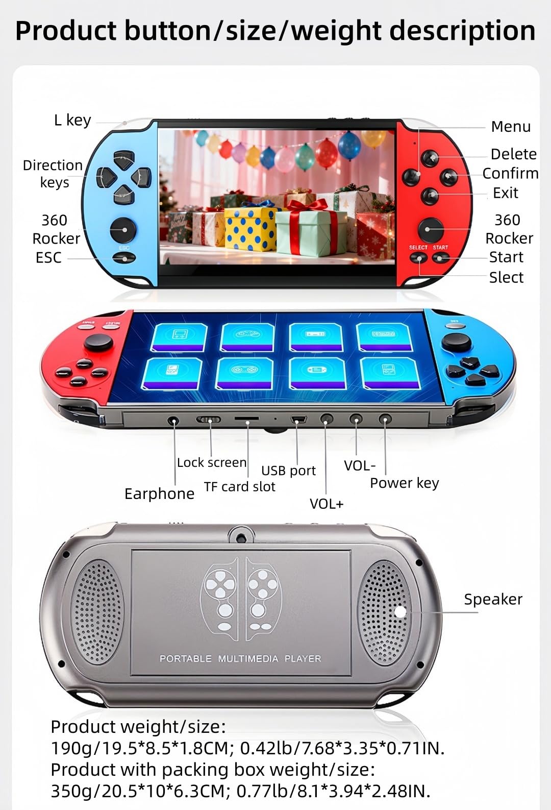 5,1 Pollici Console di Gioco Portatile Più Simulatori Retrò Video/Musica/E-book/Output TV Game Elettronico per il Tempo Libero Interno/Esterno/Viaggio Regalo di Compleanno/Vacanza