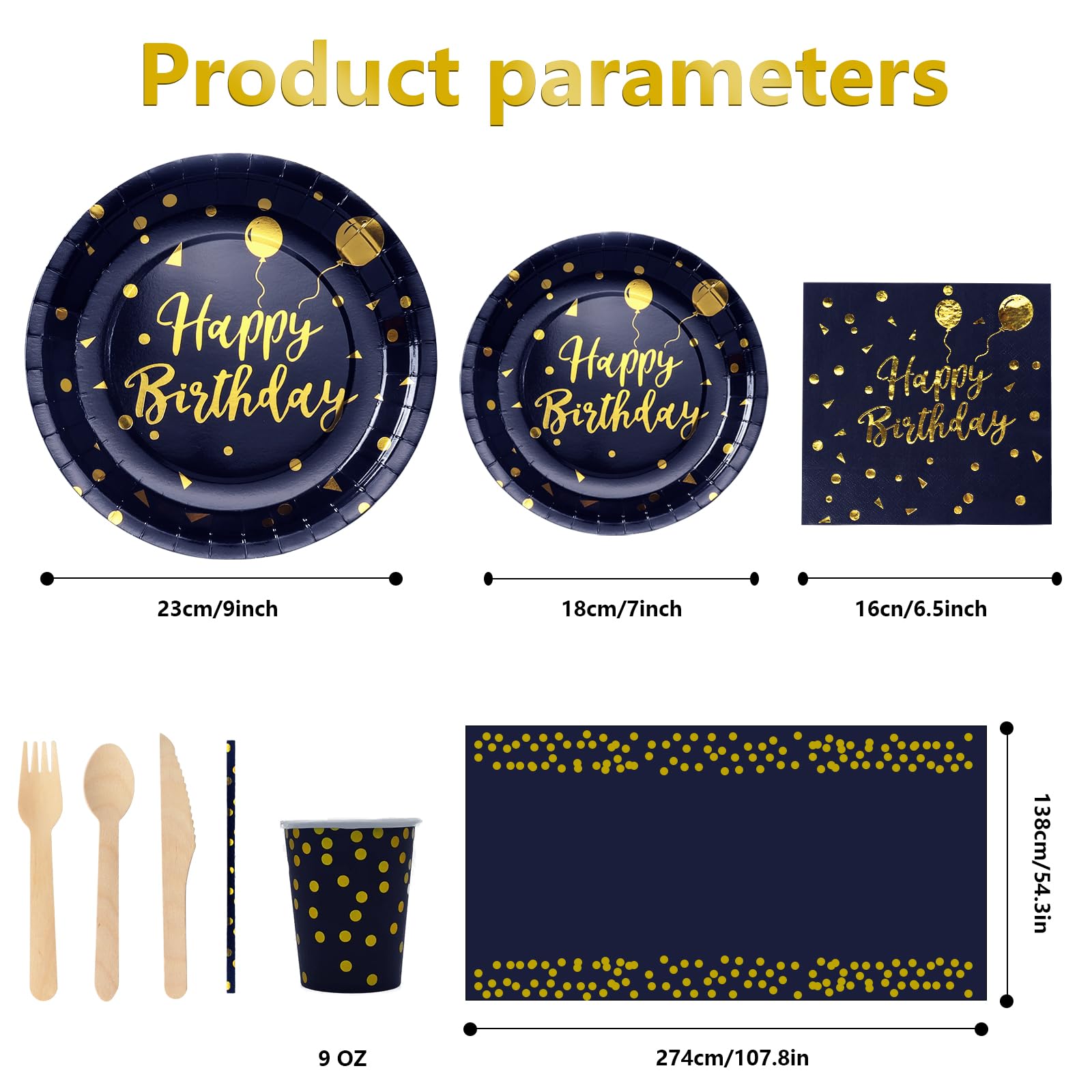 193 Pieces Happy Birthday Partygeschirr Set | Kindergeburtstag Marineblau Gold Pappteller | Tablecloth, Plates, Cups, Napkins, Papier Strohhalme und mehr (24 Gästes)