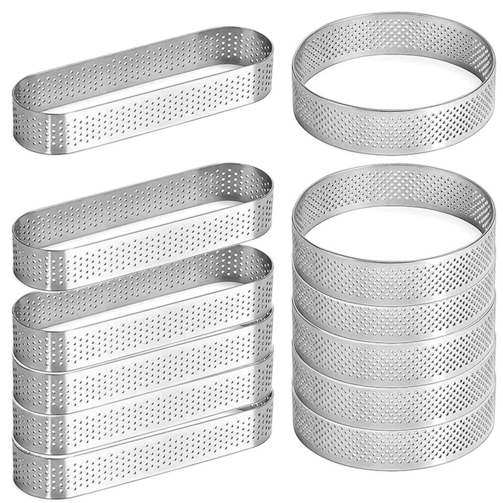 Uncle Jack Tart Crust Maker Tart Shell Tools Perforated Tart Rings Circle 3.15inch x 0.8 inch 6pcs and Ovel 5.1 x 1.6 x 0.8inch 6pcs Silver