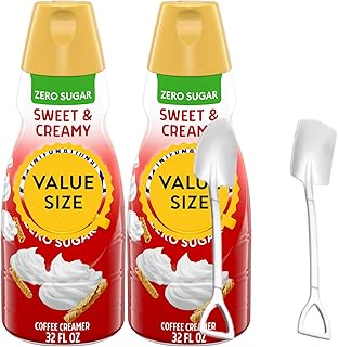 Candy Freezer Delight International Zero Sugar Sweet & Creamy Coffee Creamer Bottle, 32 fl oz Liquid Non-Dairy Creamer (Pack of 2) with Mini Metal Shovel Spoons (Zero Sugar Sweet & Creamy) Shovel Spoons