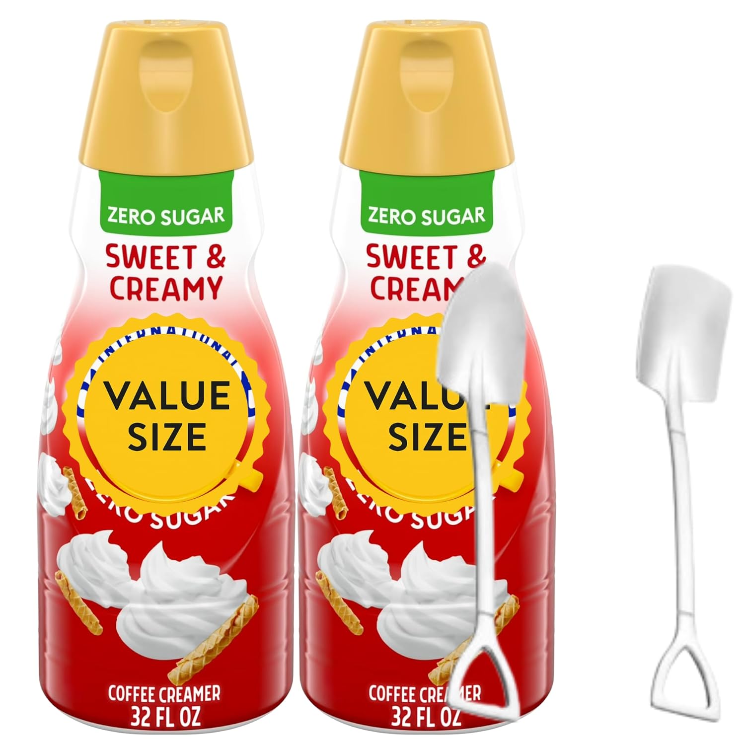 Zero Sugar Sweet & Creamy Coffee Creamer Bottle, 32 fl oz Liquid Non-Dairy Creamer (Pack of 2) with Candy Freezer Mini Metal Shovel Spoons (Zero Sugar Sweet & Creamy) Shovel Spoons