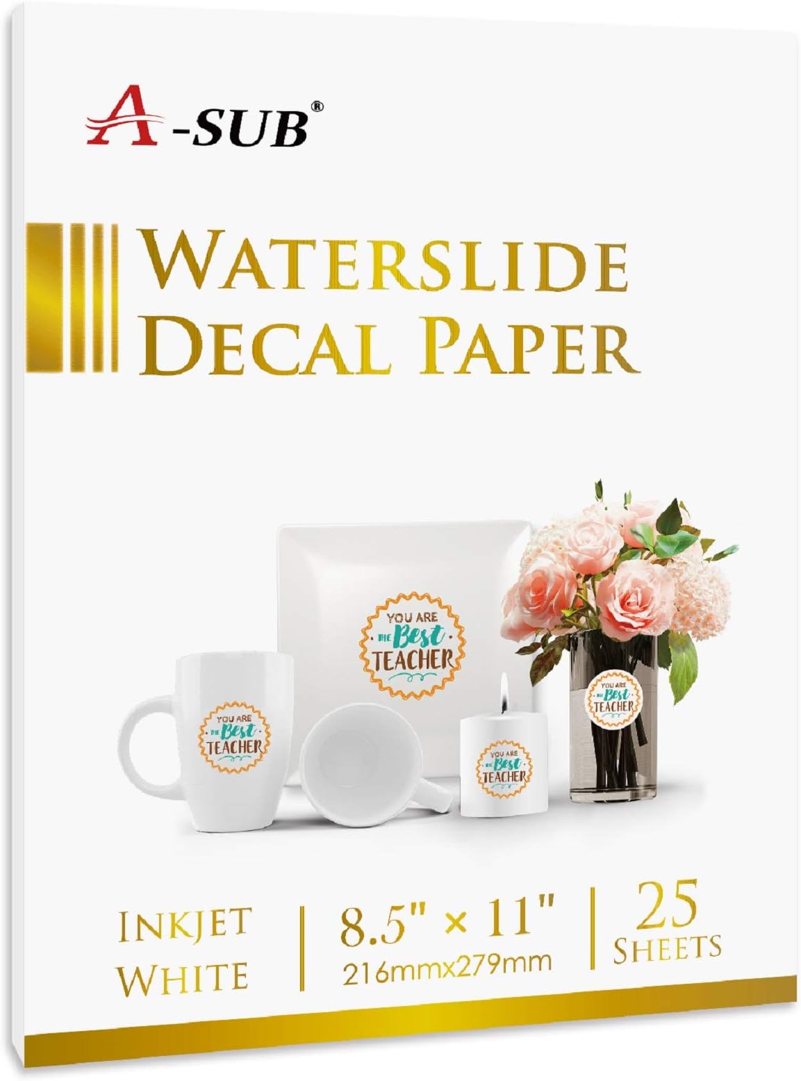 A-SUB Waterslide Decal Paper for Inkjet Printers 25 Sheets White Water Slide Transfer Paper 8.5x11 in for DIY Tumbler, Mug, Glass Decals