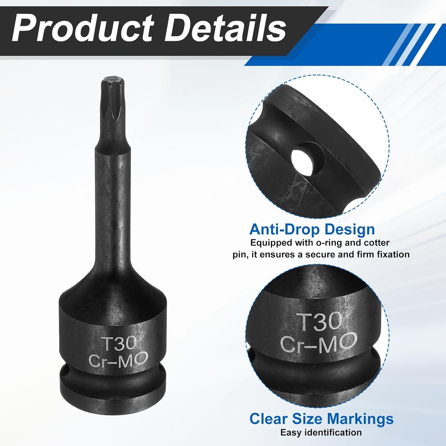 HARFINGTON 2pcs 1/2" Drive Torx Bit Socket T30 Impact 6 Point Star Bit Sockets CR-MO Steel with Cotter Pin and O-ring for Power Drill Drivers Garage Workshop Adapter