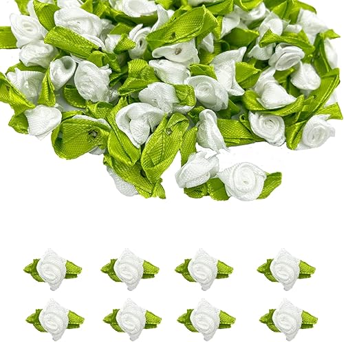 Miniatura 4 de Mini rosas de cinta, 100 flores de tela artificial con hojas verdes, rosetas rojas, mini rosas de cinta para manualidades, costura, manualidades,