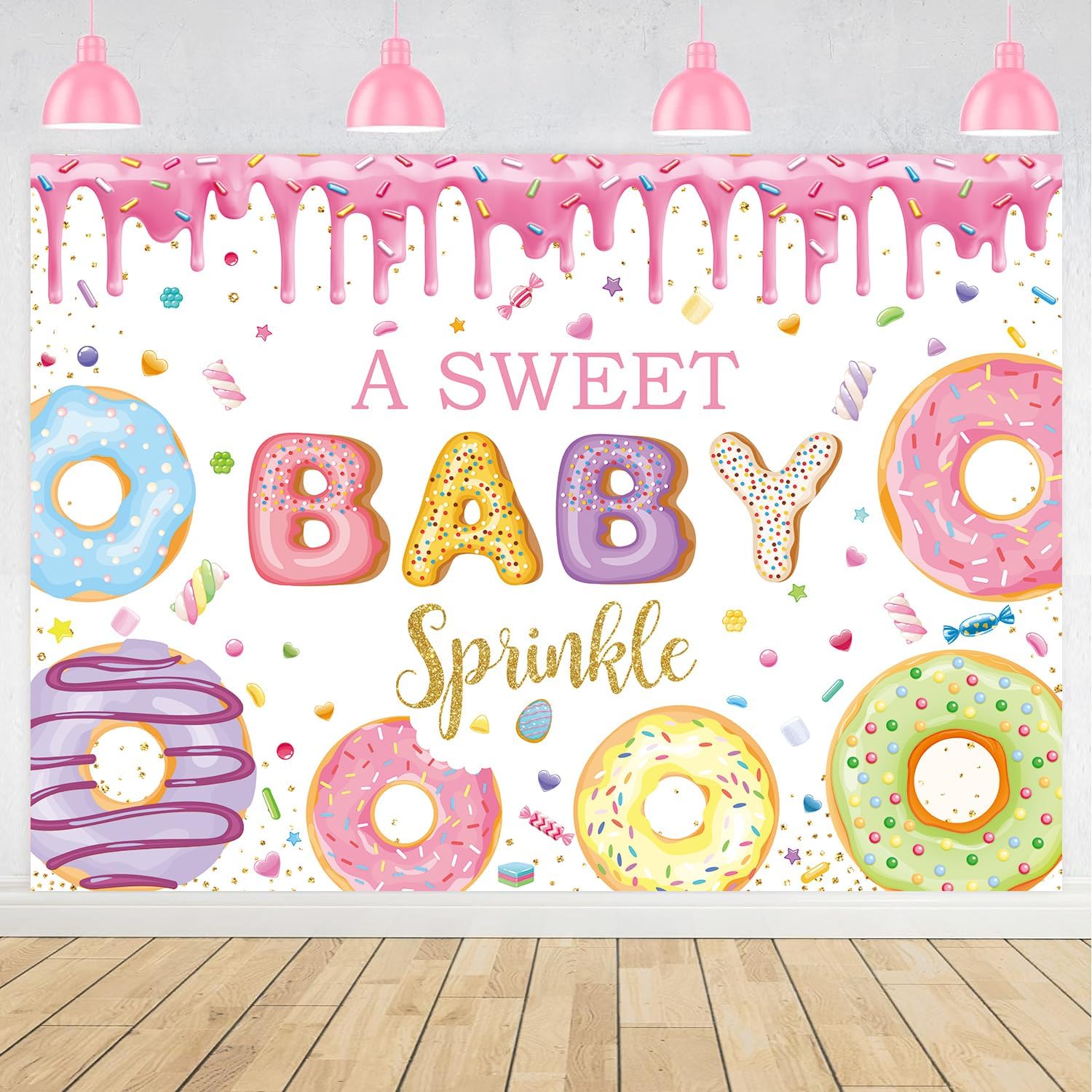 Donut Sprinkle Baby Shower Backdrop for Girl A Sweet Baby Sprinkle Photography Background Pink Donut Birthday Party Cake Table Decorations Supplies (6x4FT: 72x48 inch)