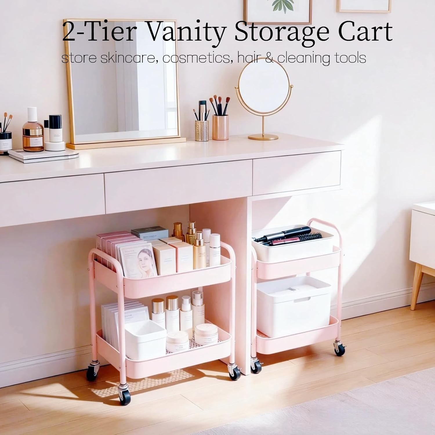 Pink 2 Tier Rolling Cart Metal with Wheels Under Desk Storage Cart for Small Space Organization, Small Trolley for Pantry Room Laundry Bathroom Kitchen Office Art Snack Baby Supplies