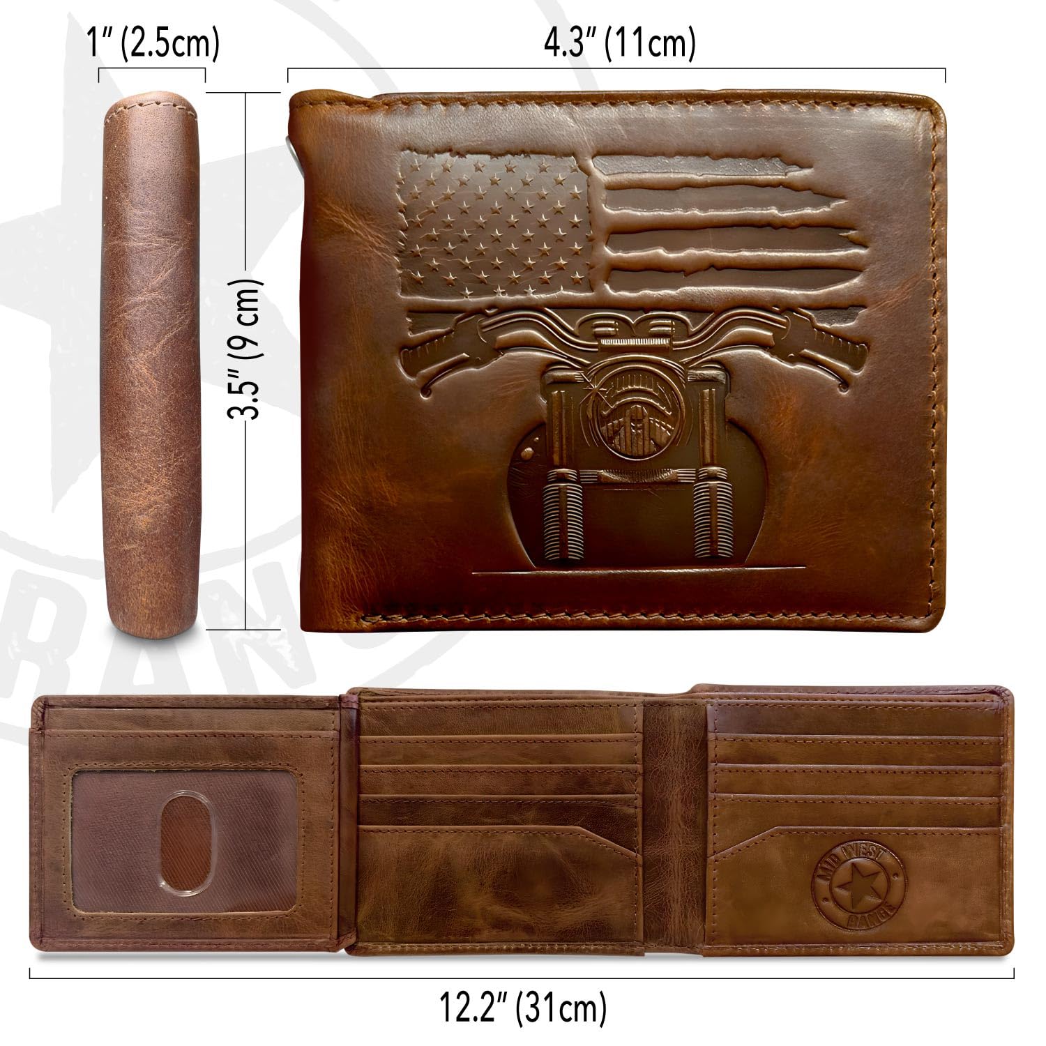MID WEST RANGE - Cartera plegable patriótica con cadena para hombre, cuero marrón envejecido, bloqueo RFID, con 10 ranuras para tarjetas, soporte de identificación abatible, bandera estadounidense y