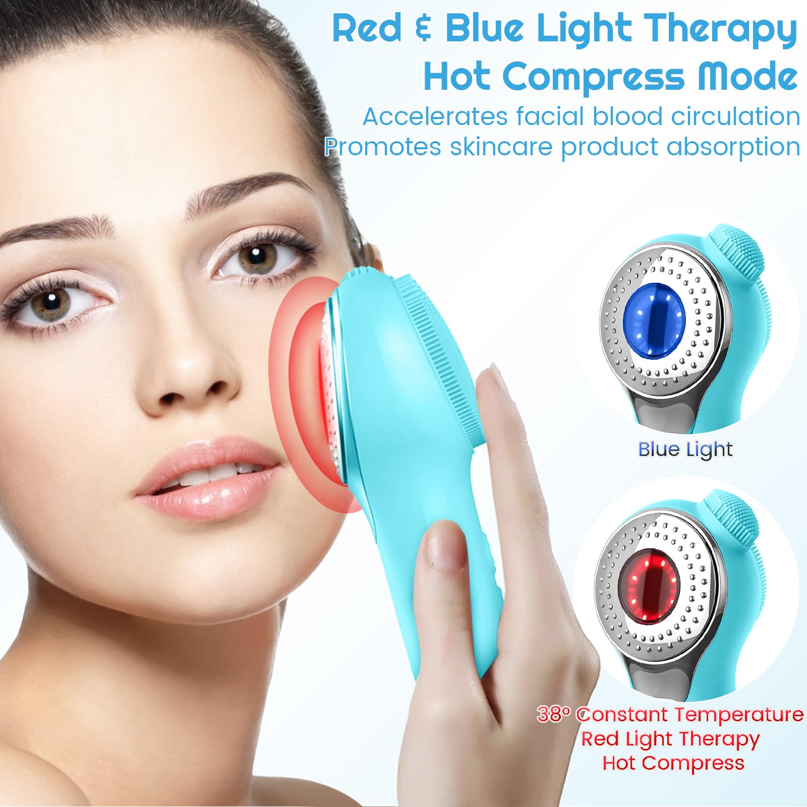 Landmore Limpiador facial de silicona, cepillo de limpieza facial impermeable con masaje térmico de luz roja, limpiador facial eléctrico con exfoliante de nariz para mujeres/hombres, limpieza