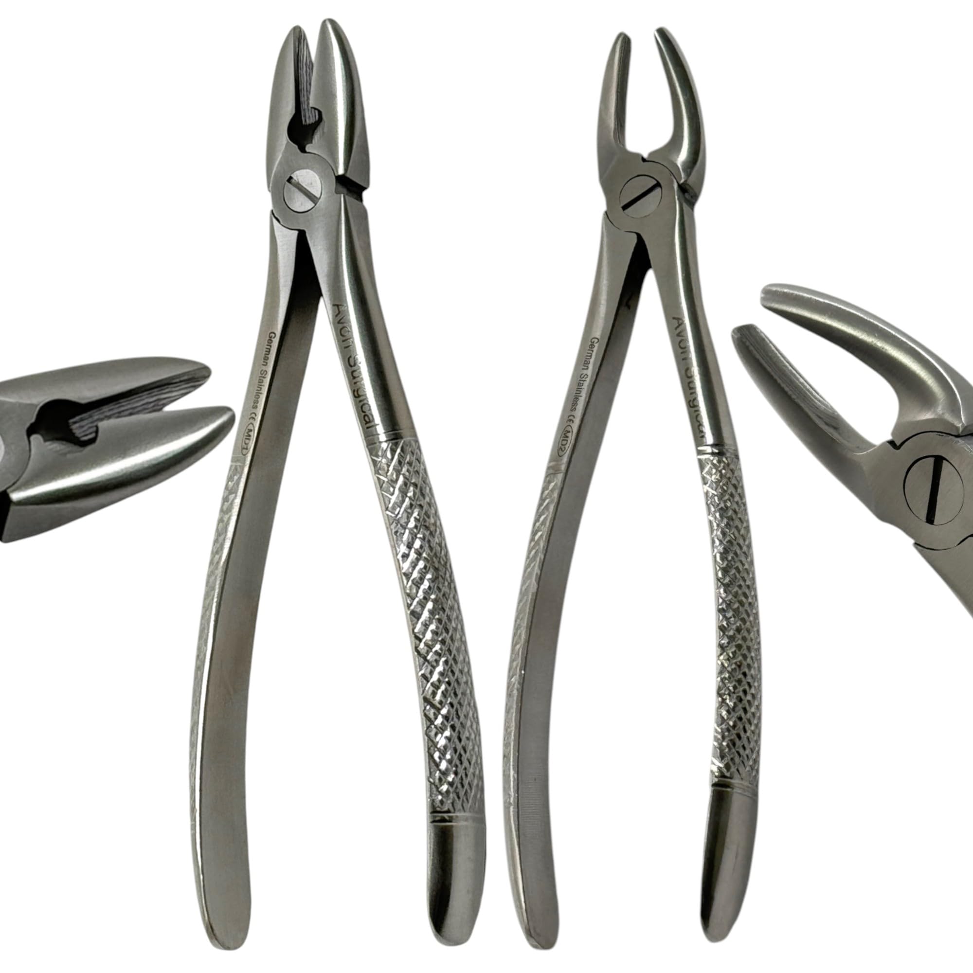 2 Each - MD1 & MD2 - Upper Jaw Tooth & Molar Extraction Forceps - Upper Bicuspids, Cuspids, Incisors, and Roots & Upper First, Second, and Third Molars - German Stainless Steel