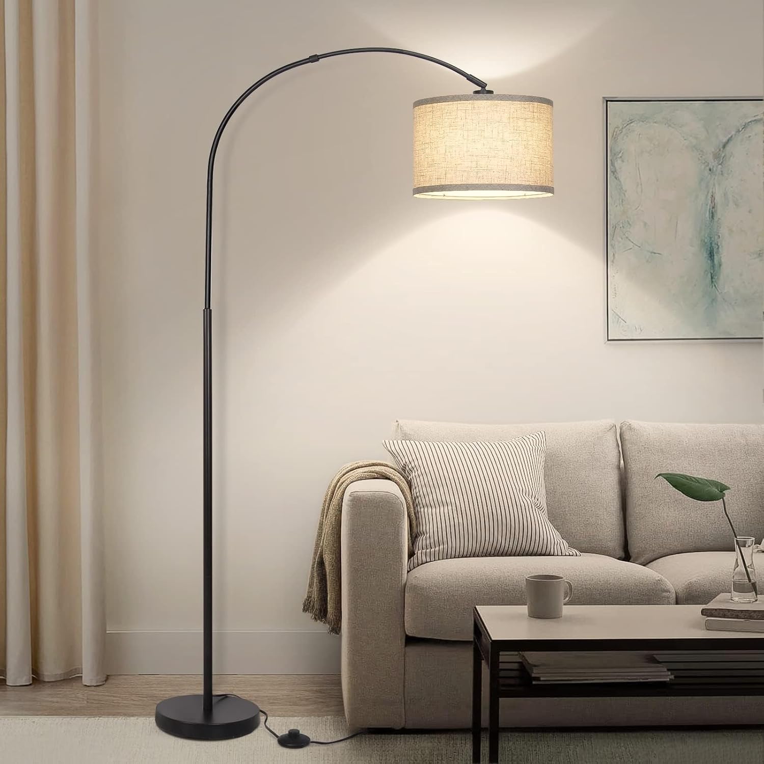 71" Arc Floor Lamps for Living Room, Black Standing Lamp with Adjustable Hanging Drum Shade, Tall Pole Lamp with Foot Switch, Over Couch Arched Reading Light for Bedroom, Office, 9W LED Bulb Included