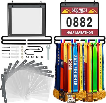 GOLDGE Race Medal Display Wall Hanger, Marathon Medal Display, Metal Race Bib and Medal Hanger, Wall Mounted Black Running Rack Holder-Over 40 Medals & 20 Bibs, Gifts for Runner, Athletes