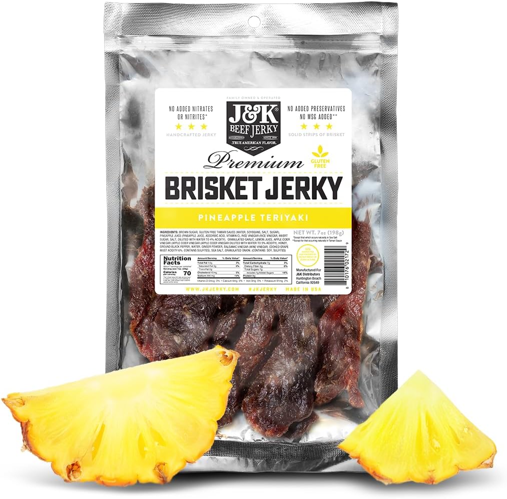 - J&K Jerky Beef Brisket Jerky - Pineapple Teriyaki - Hand Crafted Small Batch American Made Slab Jerky's - Bold & Flavorful Snack! - 7oz Big Bag of Jerky's