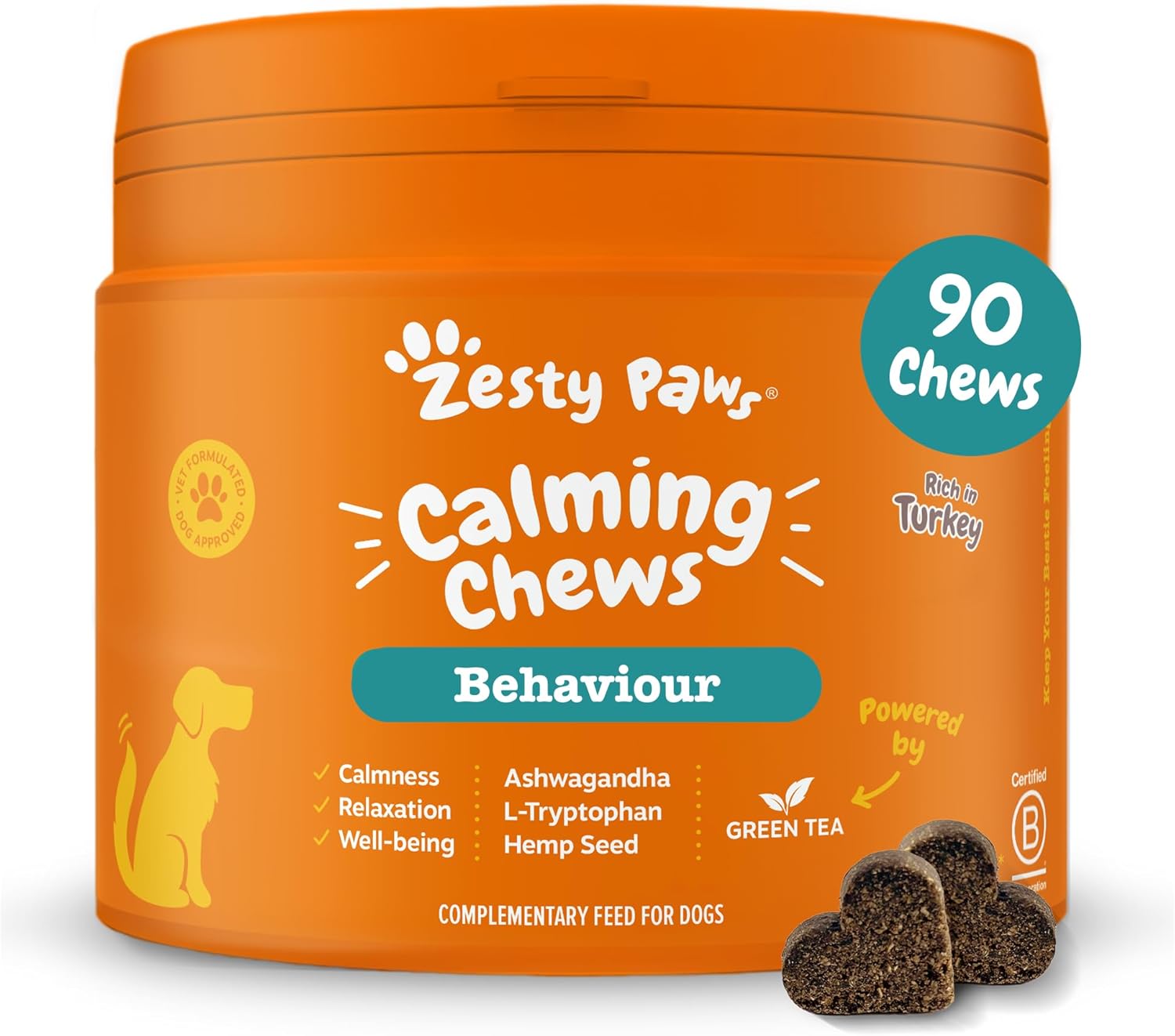 Zesty Paws Calming Treats for Dogs | Helps with Separation Anxiety, Stress & Hyperactivity, Supports Wellbeing & Relaxation | Contains Green Tea, Ashwagandha, L-Tryptophan | Daily Use | 90 Chews