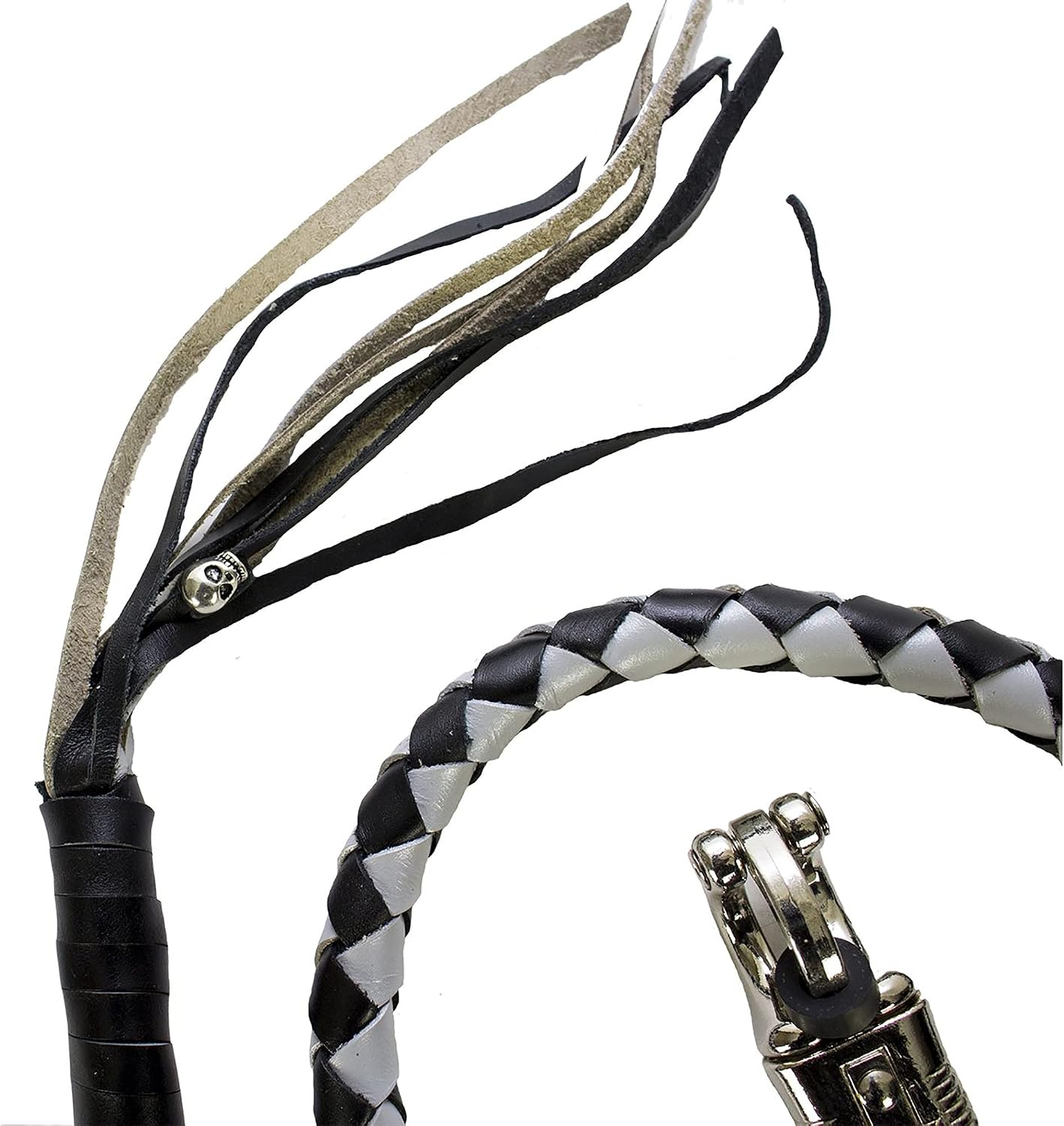 Dream Apparel 42" Leather Motorcycle Get Back Whip for Handlebar Fringed Biker Whip, Black and Silver