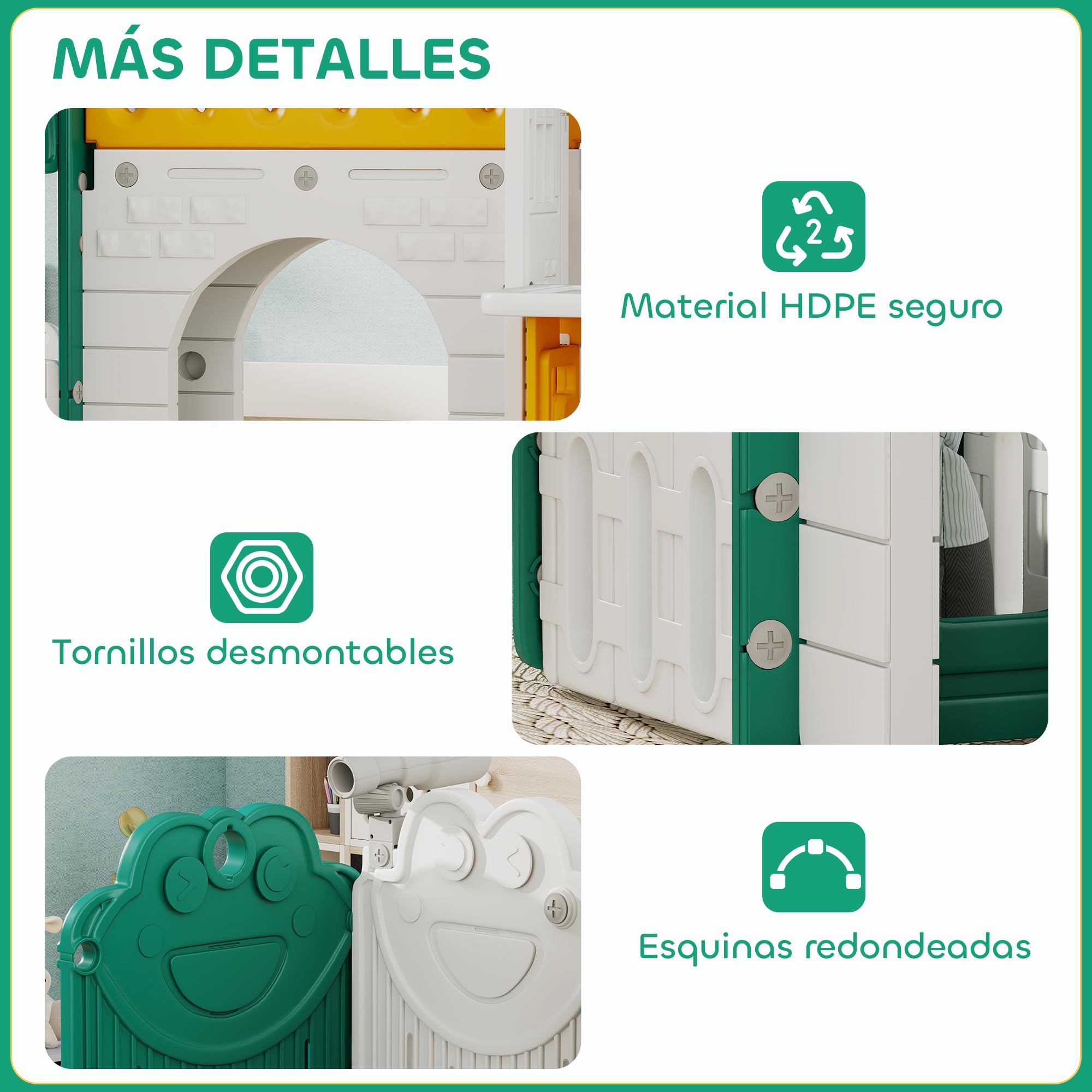 AIYAPLAY Tobogán Infantil 7 en 1 con Caseta para Niños, Tobogán con Escalera, Aro de Baloncesto, Túnel, Pizarra, Telescopio, para Interior, Amarillo y Verde