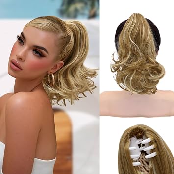 NAYOO Claw Clip Ponytail Extension Blonde 11" Short Wavy Ponytail Clip in Hair Extensions for Women Curly Natural Layered Pony Tails Synthetic HairpieceMedium Blonde with Blonde Highlights