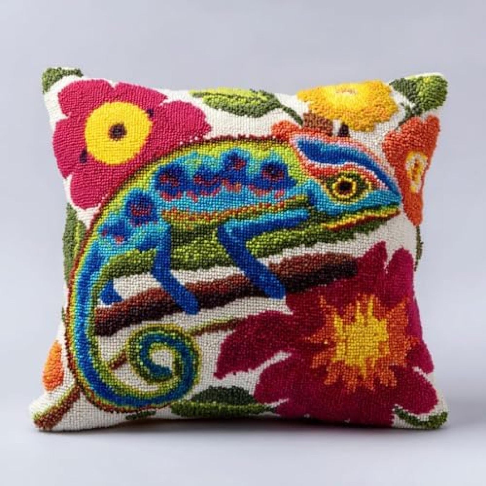 kitphoenix Latch Hook Cushion Cover Kit for Adults,Chameleon in Flowers,DIY Pre-Printed Punch Needle Embroidery Kit 43x43cm with Yarns & Hooks,Beginner Craft Gift for Women