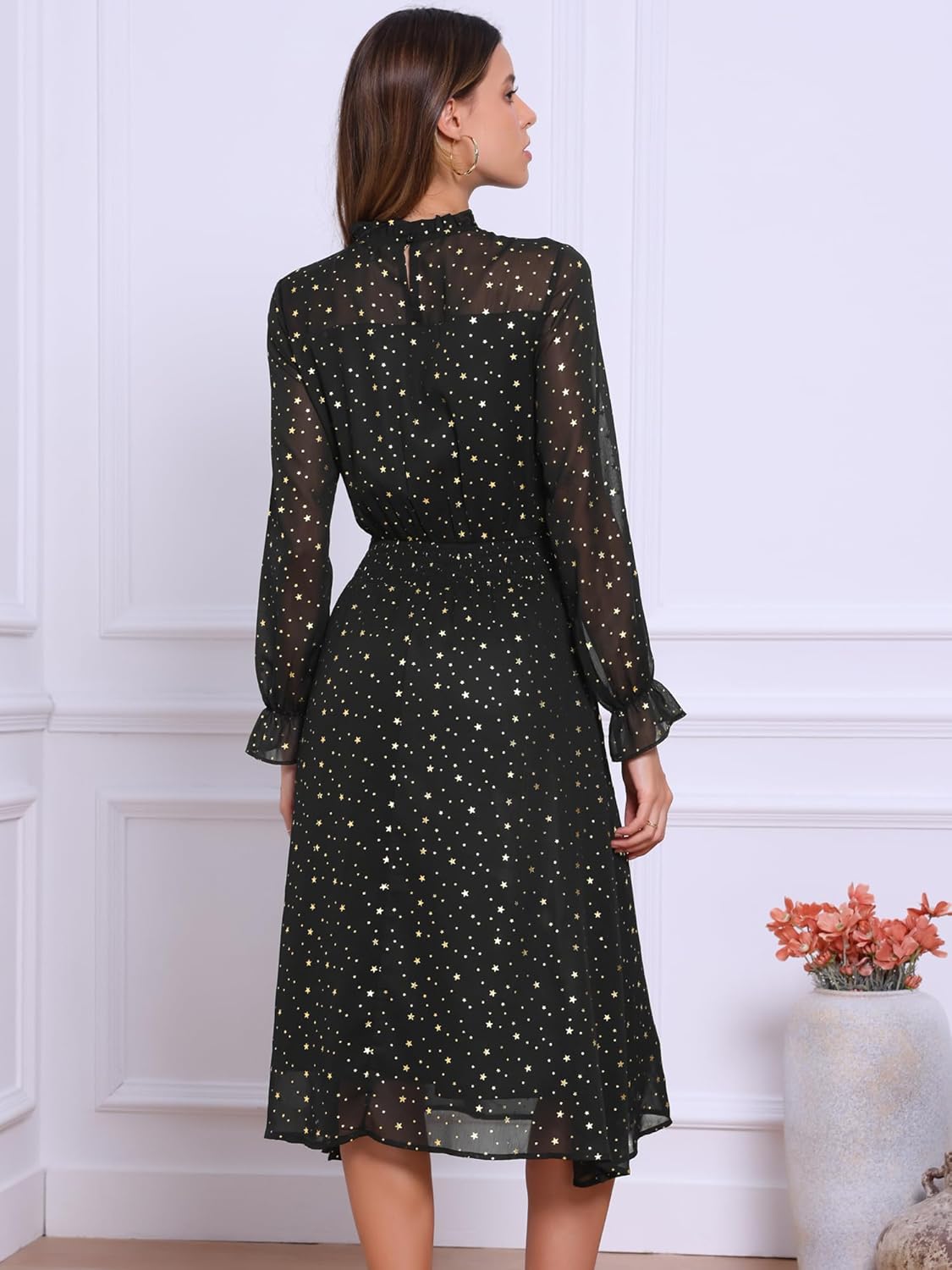 Allegra K Chiffon Midi Dresses for Women 2026 Sheer Long Sleeve Smocked A-Line Lining Metallic Stars Party Dress - Image 3