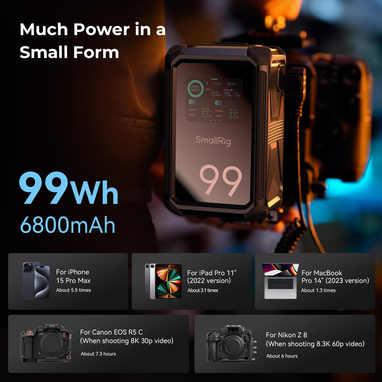 SMALLRIG V Mount Battery X99, Batería de 99 Wh/6800 mAh con Montura V, Salida de 100 W, Carga Completa en 2 h, Doble D-Tap, USB-C, Puertos CC, Pantalla Táctil, para Cámara, Monitor, Luz de Vídeo-4984